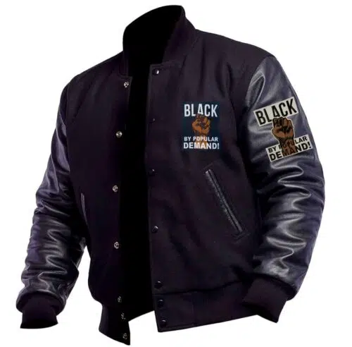 Black by Popular Demand® Unisex Black "Power" Genuine Leather Varsity Jacket w/ Pins